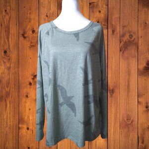 OFF-TRAIL Women's 1X Green Long Sleeve Bird Print Pullover Shirt Outdoor NEW